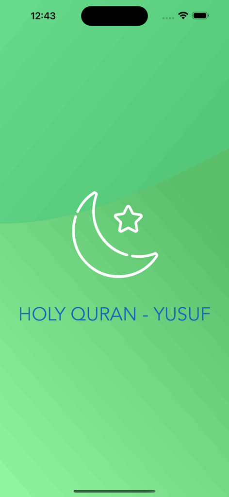 緑のグラデーションの背景に白い三日月と星のアイコンが特徴的な、聖クルアーン - ユスフアプリのスプラッシュ画面