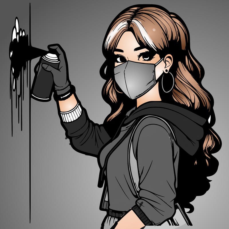 realistic girl with mask spray painting a wall