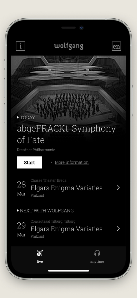 Wolfgang - 暗いモードのテーマと今後のクラシック音楽コンサートのリストを備えたWolfgangアプリインターフェイスを表示するスマートフォンの画面。