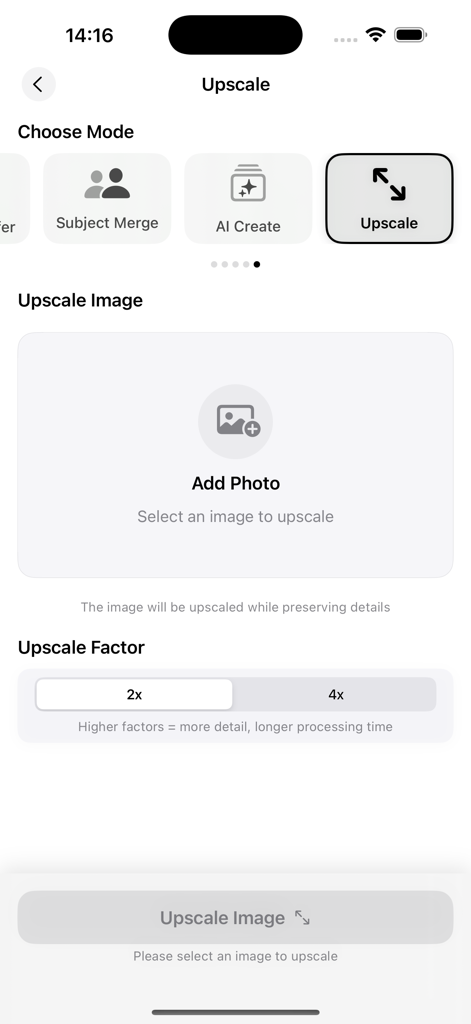 ChatPic – AI Photo Enhancer - User interface of the ChatPic app showing the AI image upscaler with options for 2x and 4x enhancement