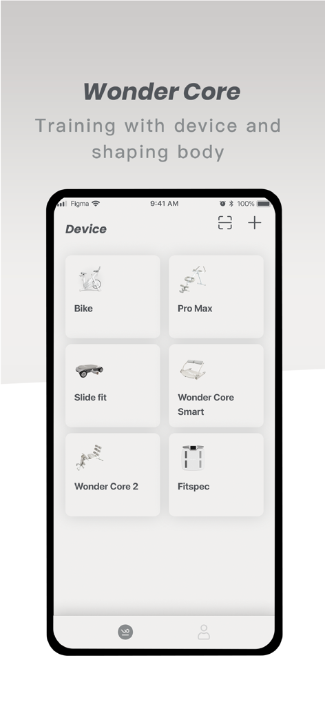 Wonder Core - Fitness Partner - Wonder Core app screen showing a list of compatible fitness devices like Bike and Pro Max for real time tracking