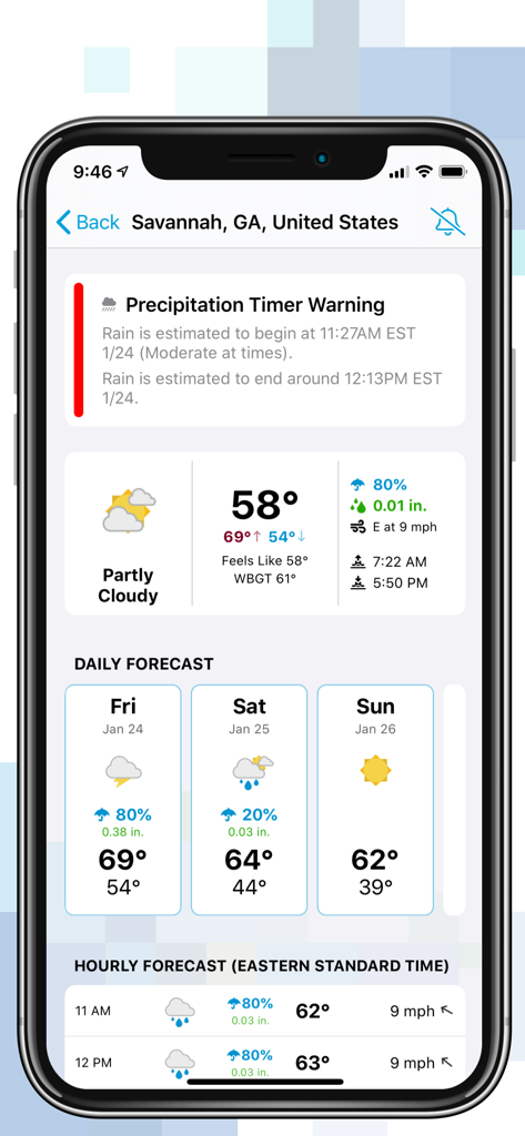 A screenshot of the WeatherSentry app showing a precipitation timer warning and a three day weather forecast.