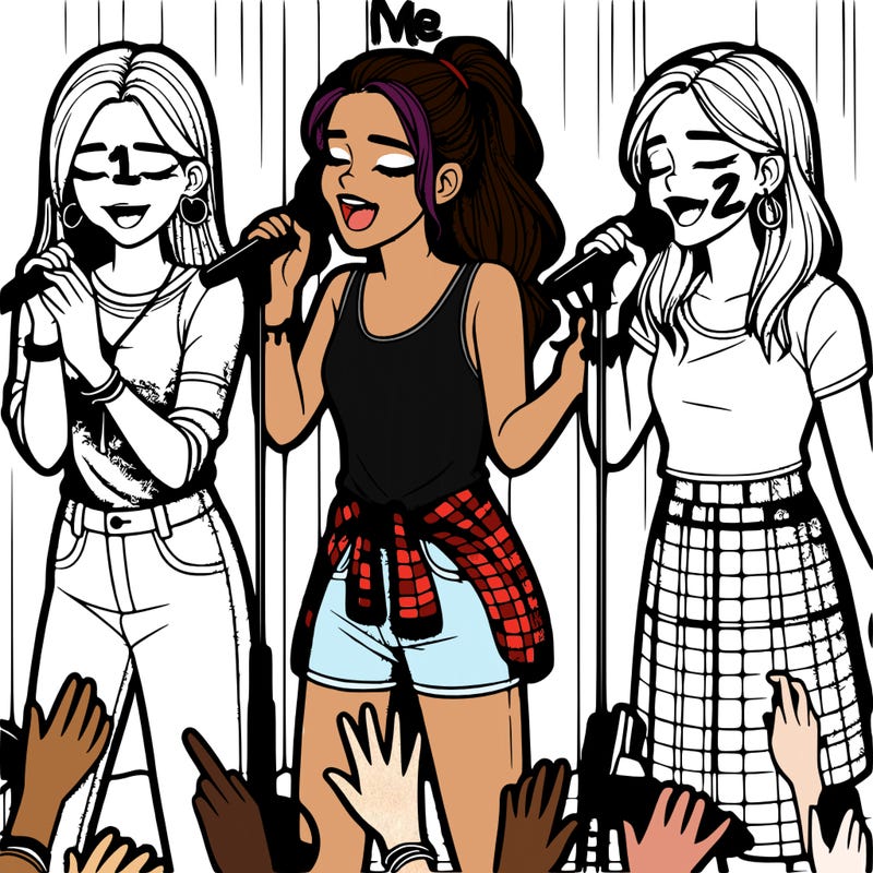 2 realistic teenage girls singing on stage