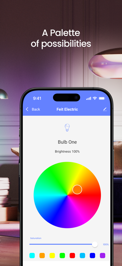 Feit Electric - Um smartphone exibindo a interface da roda de cores do aplicativo Feit Electric para personalização de lâmpadas inteligentes.
