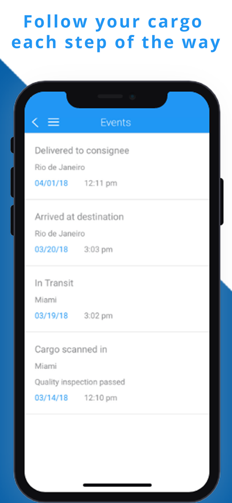 LiveTrack by Magaya - Smartphone screen of LiveTrack app showing detailed cargo tracking events and delivery status updates