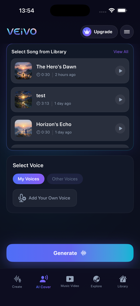 AI Music Generator: Songs - The AI Cover interface of the VEIVO app where users select a song and voice to generate music