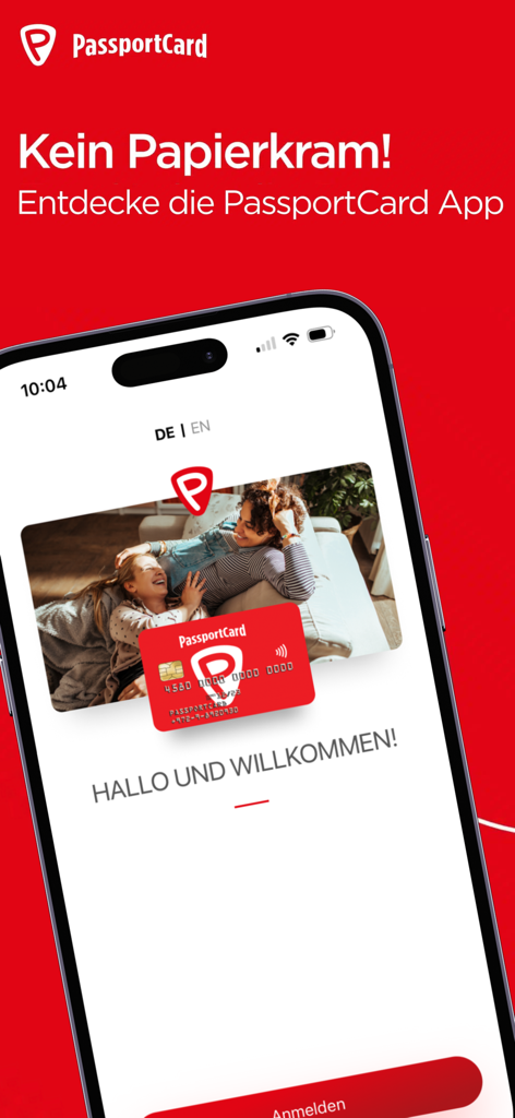 PassportCard Assist mobile app welcome screen featuring a digital insurance card and a red background