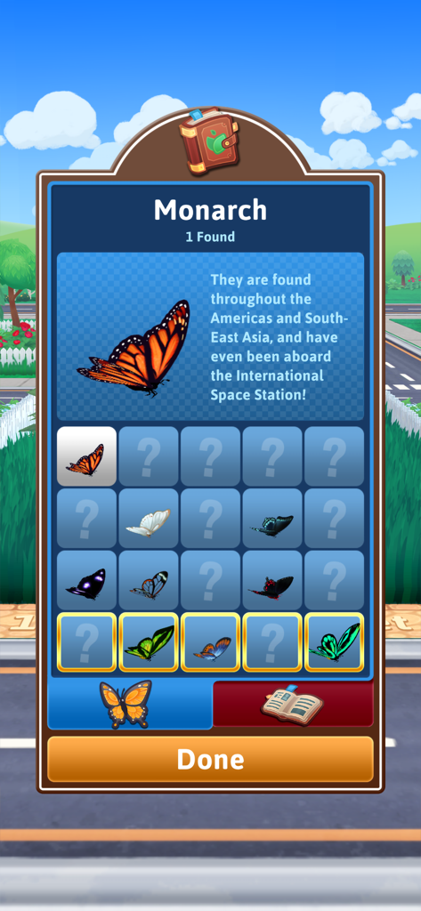 It's Literally Just Mowing - モナーク蝶が登場する『究極の芝刈り体験』アプリの蝶コレクションアルバム。