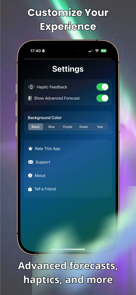 Aurora Forecast & Alerts - Aurora Forecast and Alerts 앱의 설정 화면으로, 고급 예보 및 햅틱 피드백에 대한 사용자 정의 옵션을 보여줌.