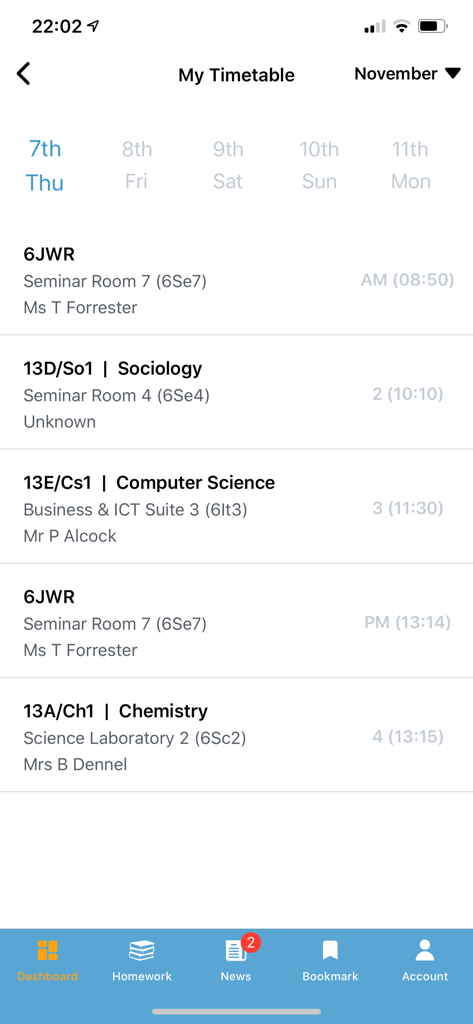 Bromcom Student App - Screen from Bromcom Student App showing a daily school timetable with class names room numbers and teachers