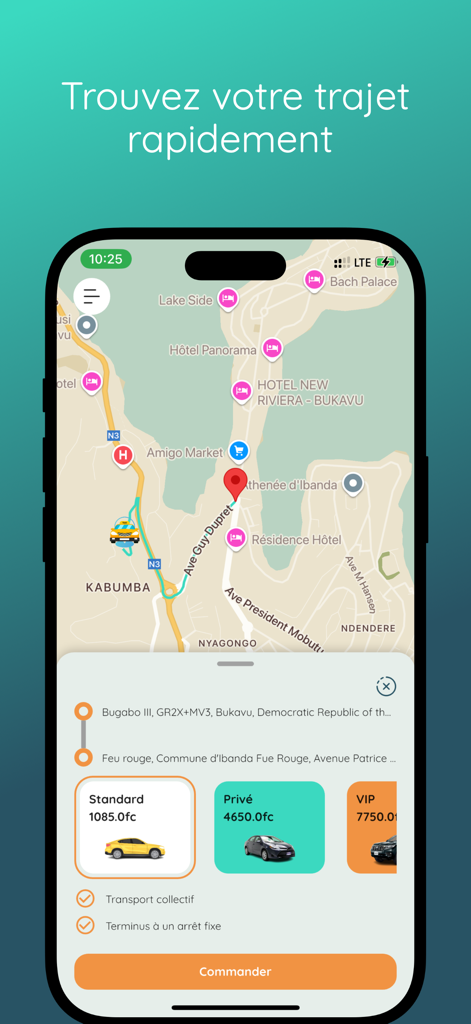 Yutto - Yutto mobile app screen displaying a real-time map and ride options including Standard, Private, and VIP tiers.