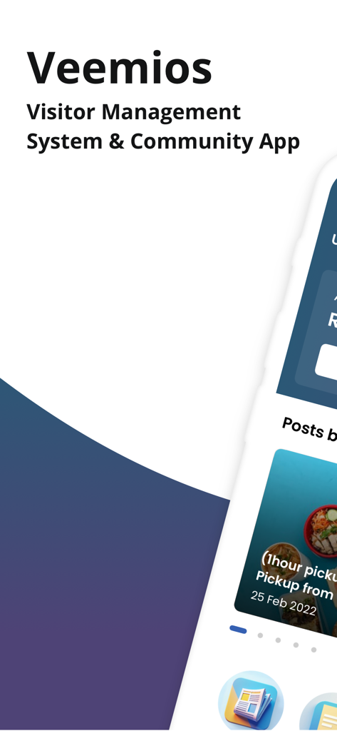 Veemios app home screen for visitor management and community updates on a mobile phone