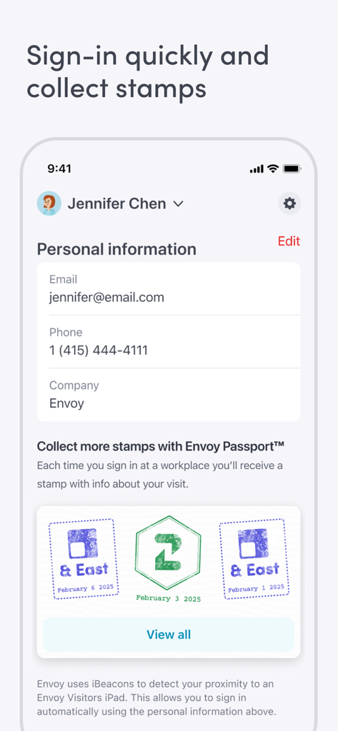 Envoy app interface showing personal information and digital stamps for office visits through Envoy Passport.