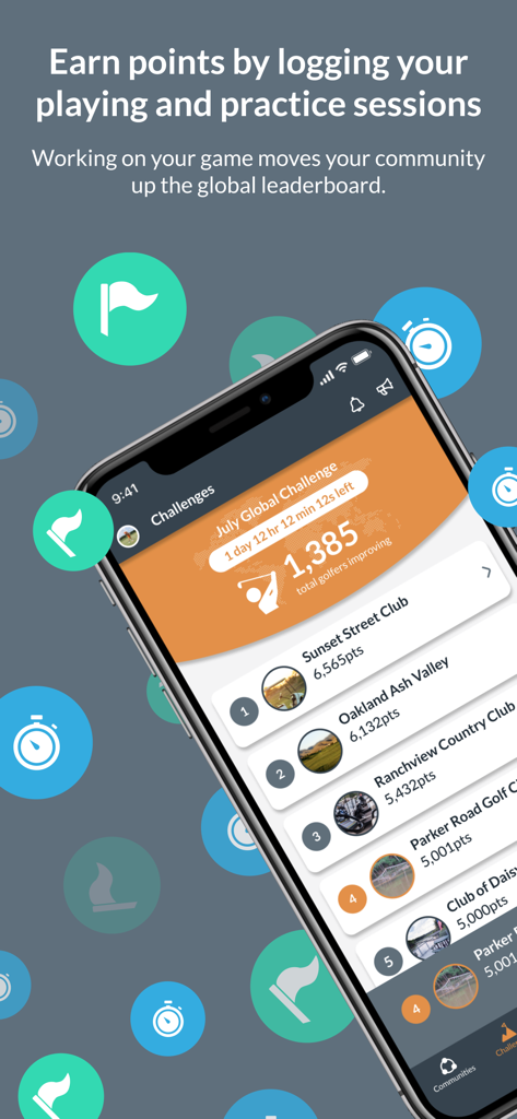 Op 36 Golf - Op 36 Golf app global challenge leaderboard showing community points and rankings