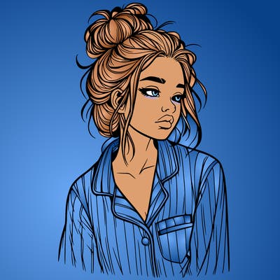 realistic woman with pajamas on and a messy bun
