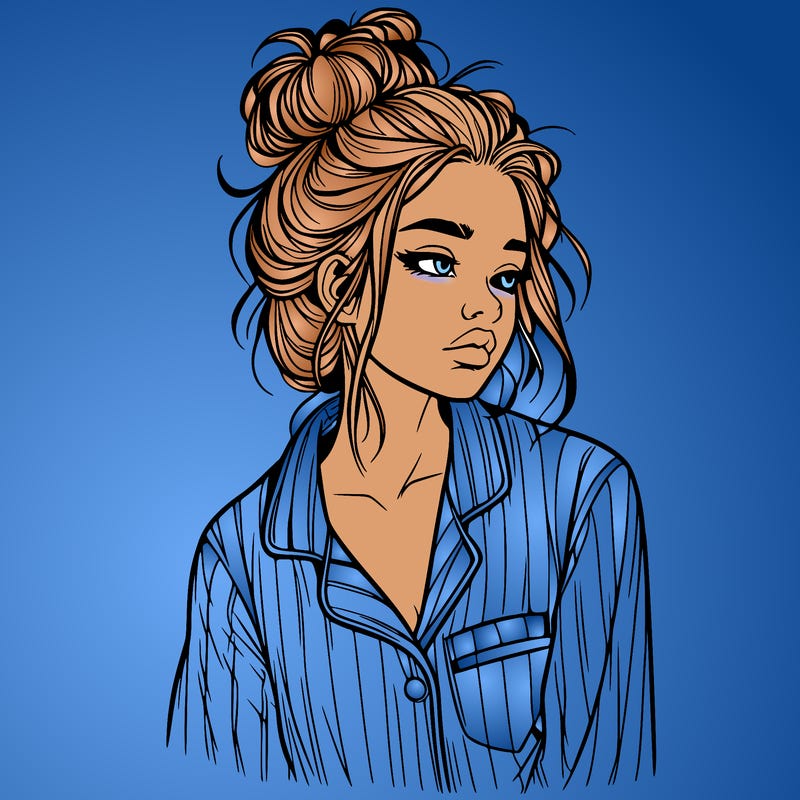 realistic woman with pajamas on and a messy bun