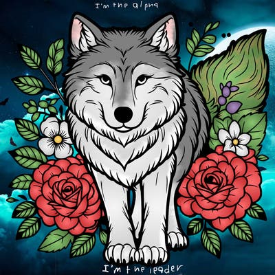 wolf with flowers around it realistic