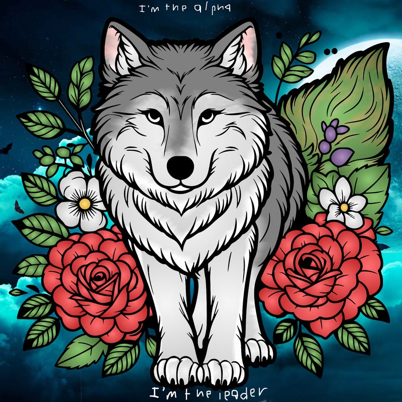 wolf with flowers around it realistic