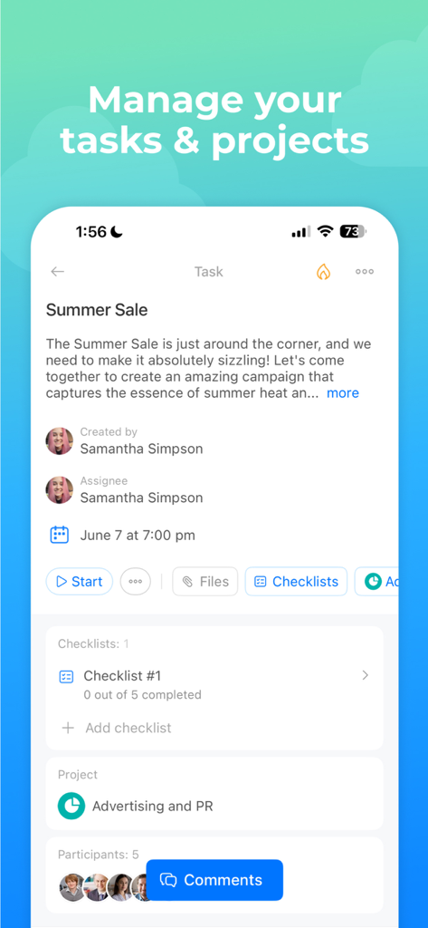 Interfaz de la aplicación móvil Bitrix24 para gestionar tareas y proyectos empresariales