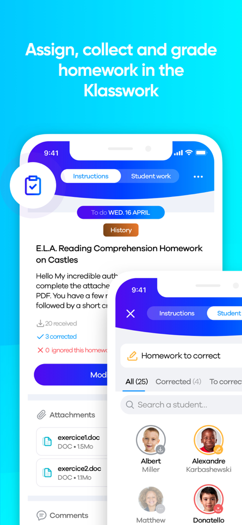 Klassly - Interface of the Klassly app showing the Klasswork feature used by teachers to assign and grade student homework.