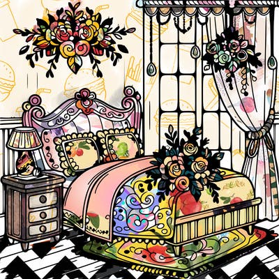 a beautiful room with flowers on the bed