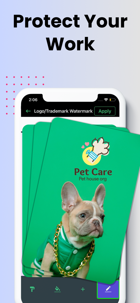 Water Mark Photo:Add Watermark - Schermata di uno smartphone che mostra una foto di un cane con filigrana e un logo di assistenza per animali per proteggere i beni digitali