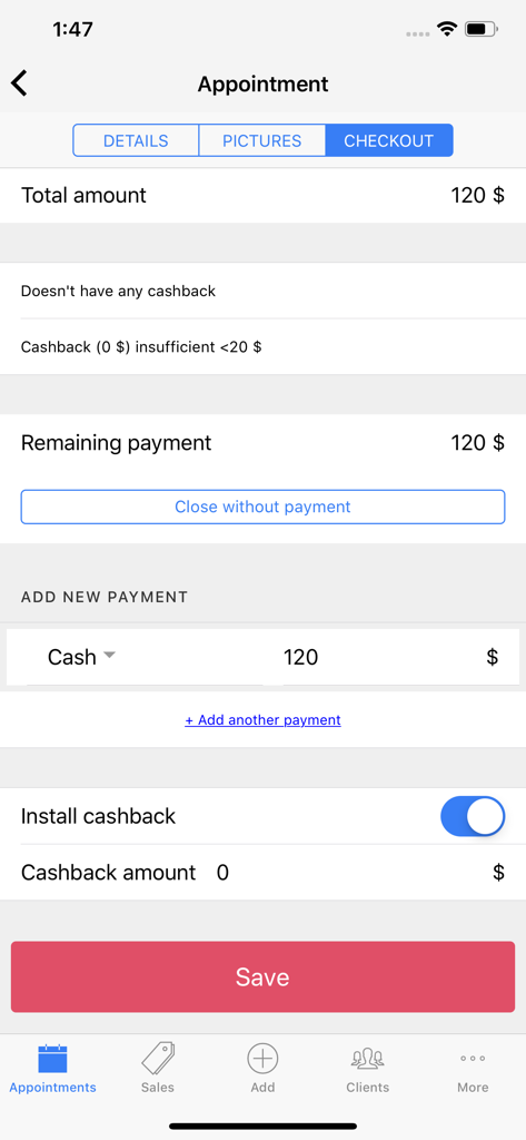 Termin-Checkout-Oberfläche in der SalonAppy-App mit Zahlungs- und Cashback-Optionen