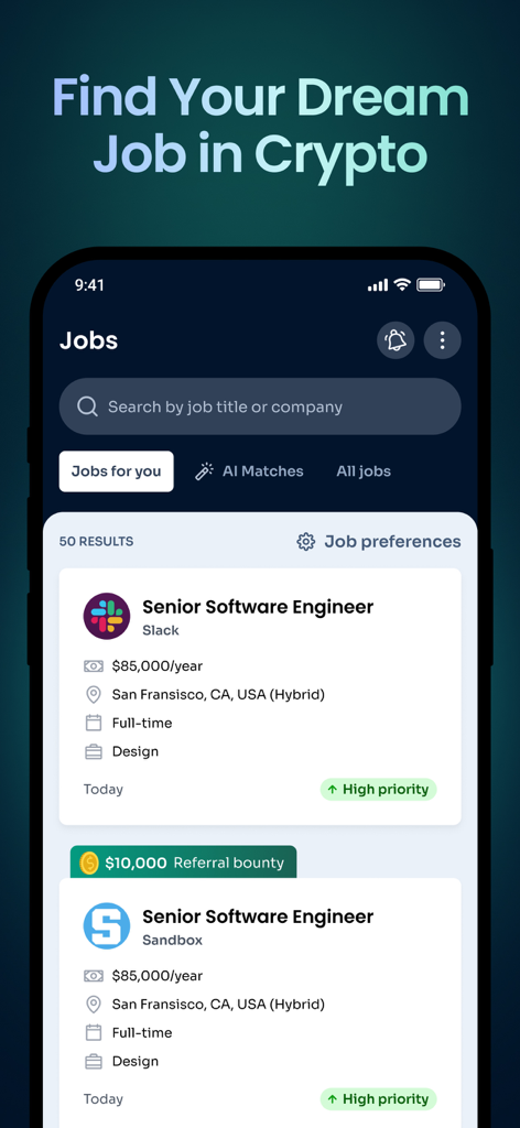 Bondex app interface showing crypto job listings and referral rewards for senior software engineers