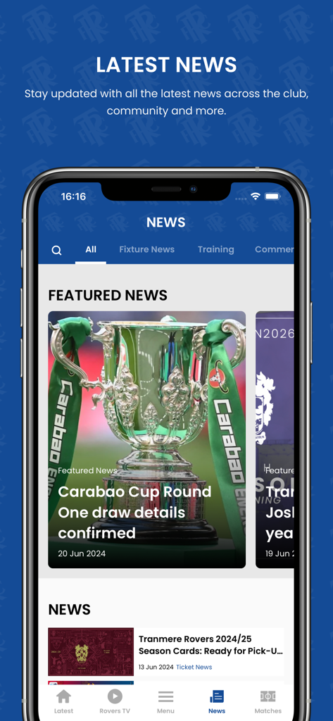 Tranmere Rovers FC - Seção de últimas notícias do aplicativo móvel oficial do Tranmere Rovers FC com detalhes do sorteio da Carabao Cup.