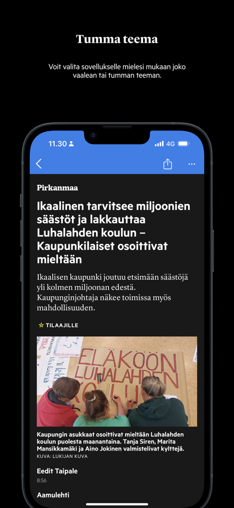 Aamulehti - Aamulehti news app interface displaying a local Finnish news article in dark mode theme on a smartphone