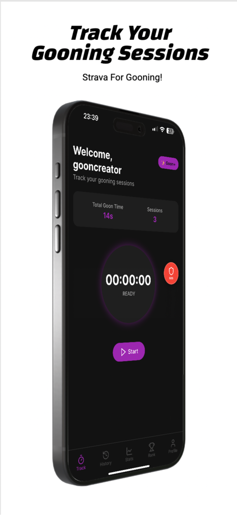 Goon Tracker - Smartphone screen displaying the Goon Tracker app interface with a session timer and real-time statistics.