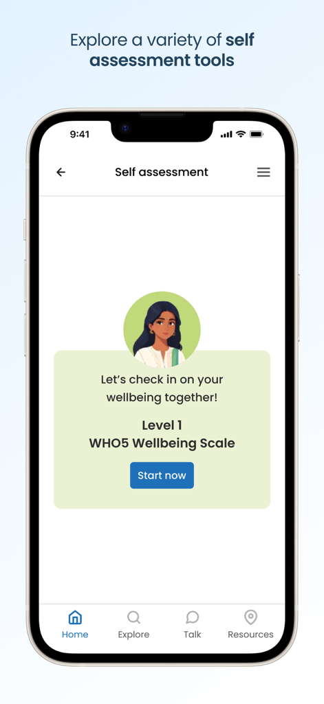 Tele MANAS - Tele MANAS mobile app showing a self assessment tool for mental wellbeing with a WHO5 Wellbeing Scale