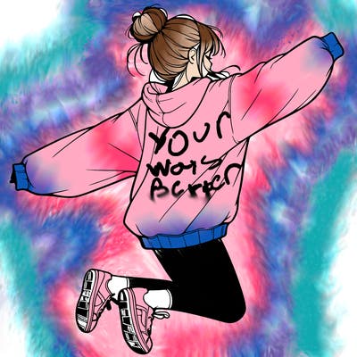realistic girl jumping with a bun and oversized sweatshirt