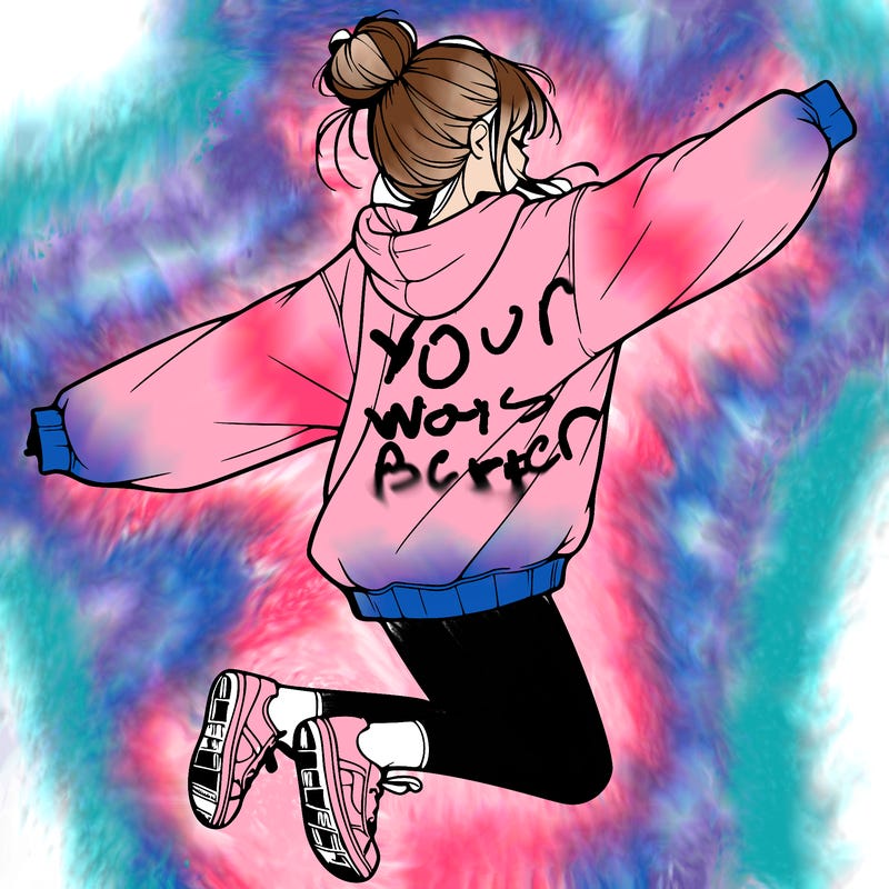realistic girl jumping with a bun and oversized sweatshirt