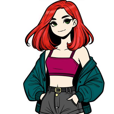 a realistic girl with a crop top and short shorts in an open jacket