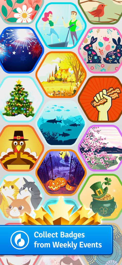 FreeCell Solitaire Card Game - Una colección de insignias hexagonales temáticas y coloridas ganadas a través de eventos semanales en el juego FreeCell Solitaire.