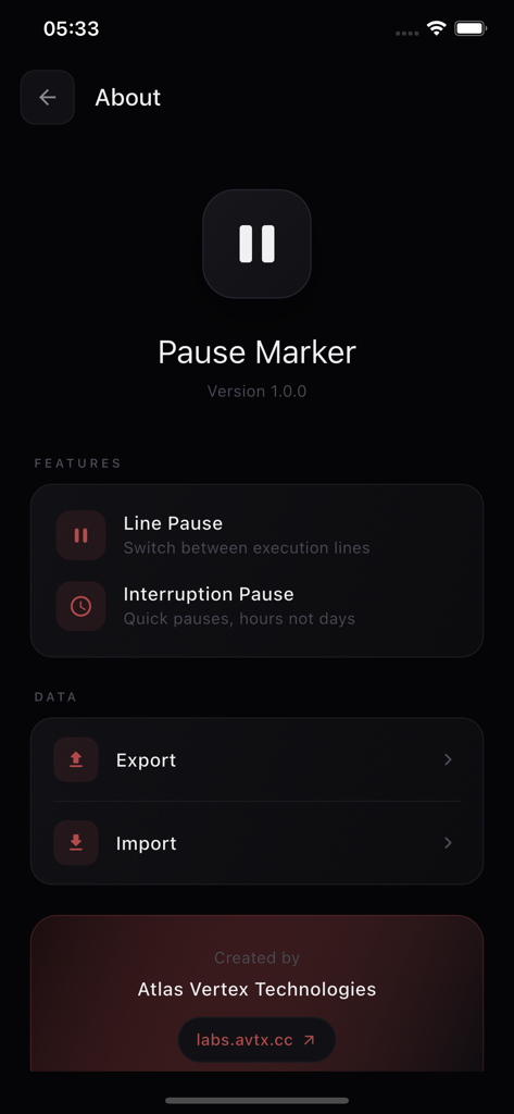 The About page of the Pause Marker app showing version information, core features like Line Pause, and data export options.