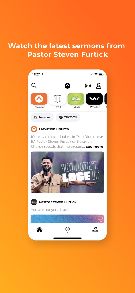 Elevation 앱 홈 화면, 스티븐 퍼틱 목사 설교 및 사역 카테고리 표시