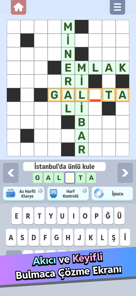 Mobile screen showing a Turkish crossword puzzle board with a hint about a famous tower in Istanbul