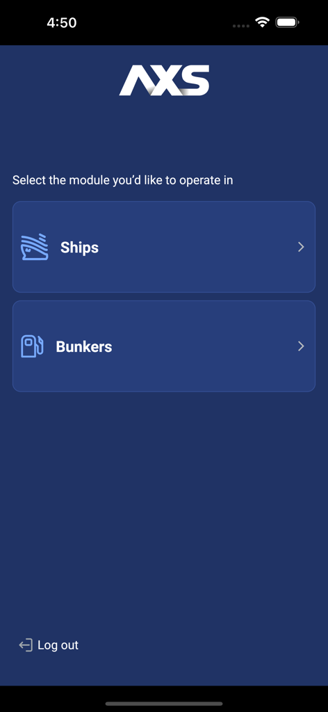 AXSMarine - AXSMarine app main menu screen with options for Ships and Bunkers modules