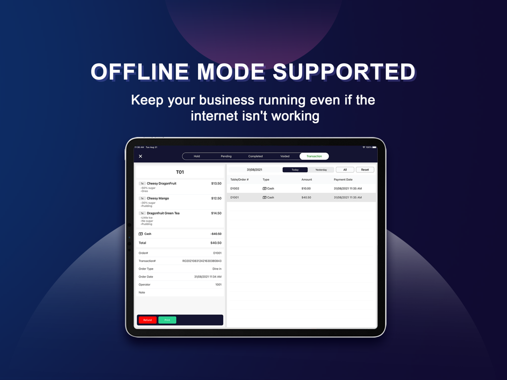 GoMenu POS - GoMenu POS interface on a tablet showing offline mode support for restaurants and food trucks