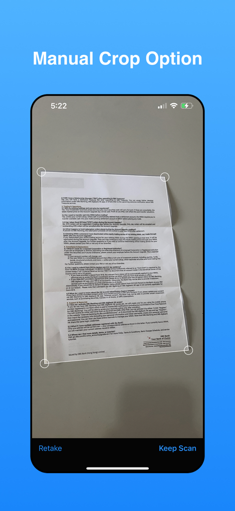 PDF Scanner - Easy Scan PDF - iPhone App-Bildschirm, der die manuelle Zuschneidefunktion mit verstellbaren Eckengriffen zum Scannen eines Papierdokuments zeigt.