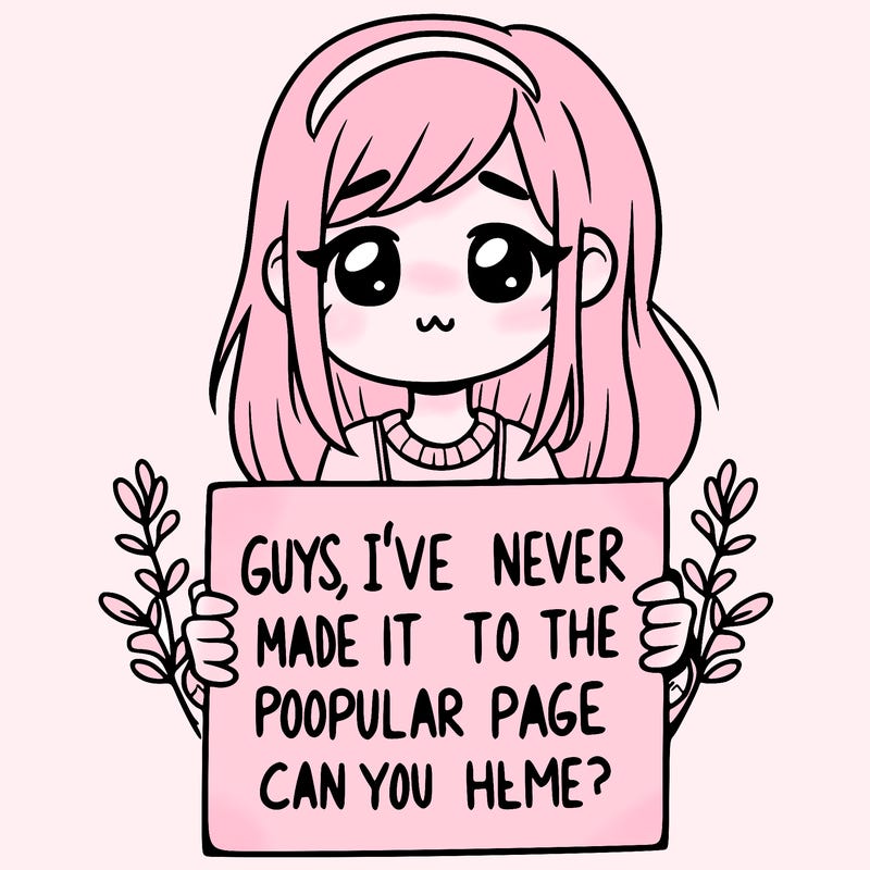 a girl holding up a sign that says, guys, i’ve never made it to the popular page, can you help me?