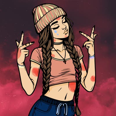 realistic teenage girl with braids and a beanie and crop top doing 🫶🏼