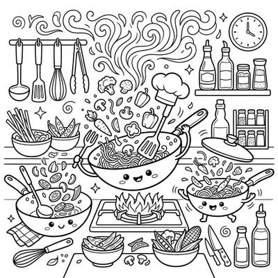 Get ready for a sizzling good time with our Woks & Stir-Fry Pans Kids Coloring Page! Little chefs will love bringing this lively kitchen scene to life with their favorite colors.