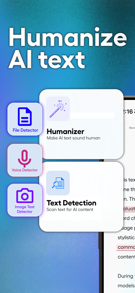 Humanize AI - AI Checker Tools - Humanize AI app interface highlighting the Humanizer and Text Detection tools