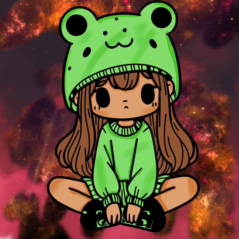 a girl wearing a frog hat and some frog socks