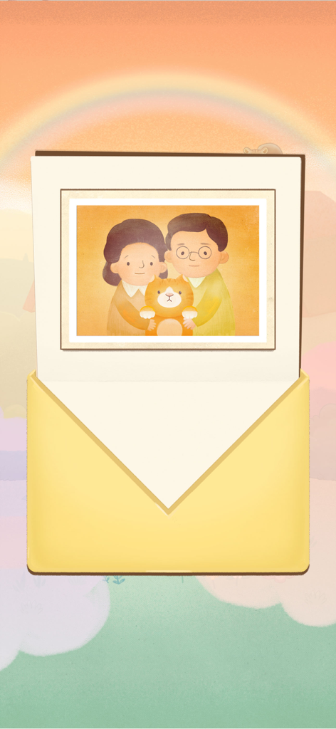 Cafe Heaven-Cat’s Sandwich - 노란색 봉투에서 나오는 사진 카드에 담긴, 무지개 아래에 있는 주황색 고양이를 안고 있는 커플의 마음이 따뜻해지는 삽화.