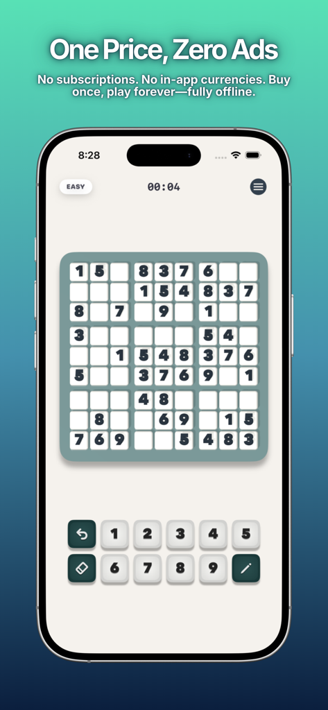 Sudoku Aura: No Ads Game - Sudoku Aura mobile game interface on an iPhone featuring a minimalist 3D puzzle board and a headline promoting zero ads