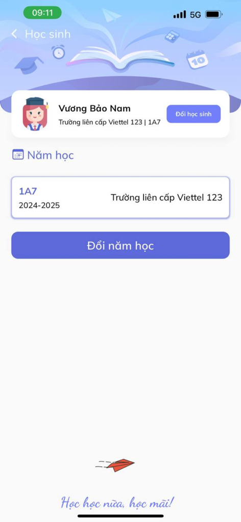 Edu.One mobile app interface showing a student profile with name, school, and academic year selection.